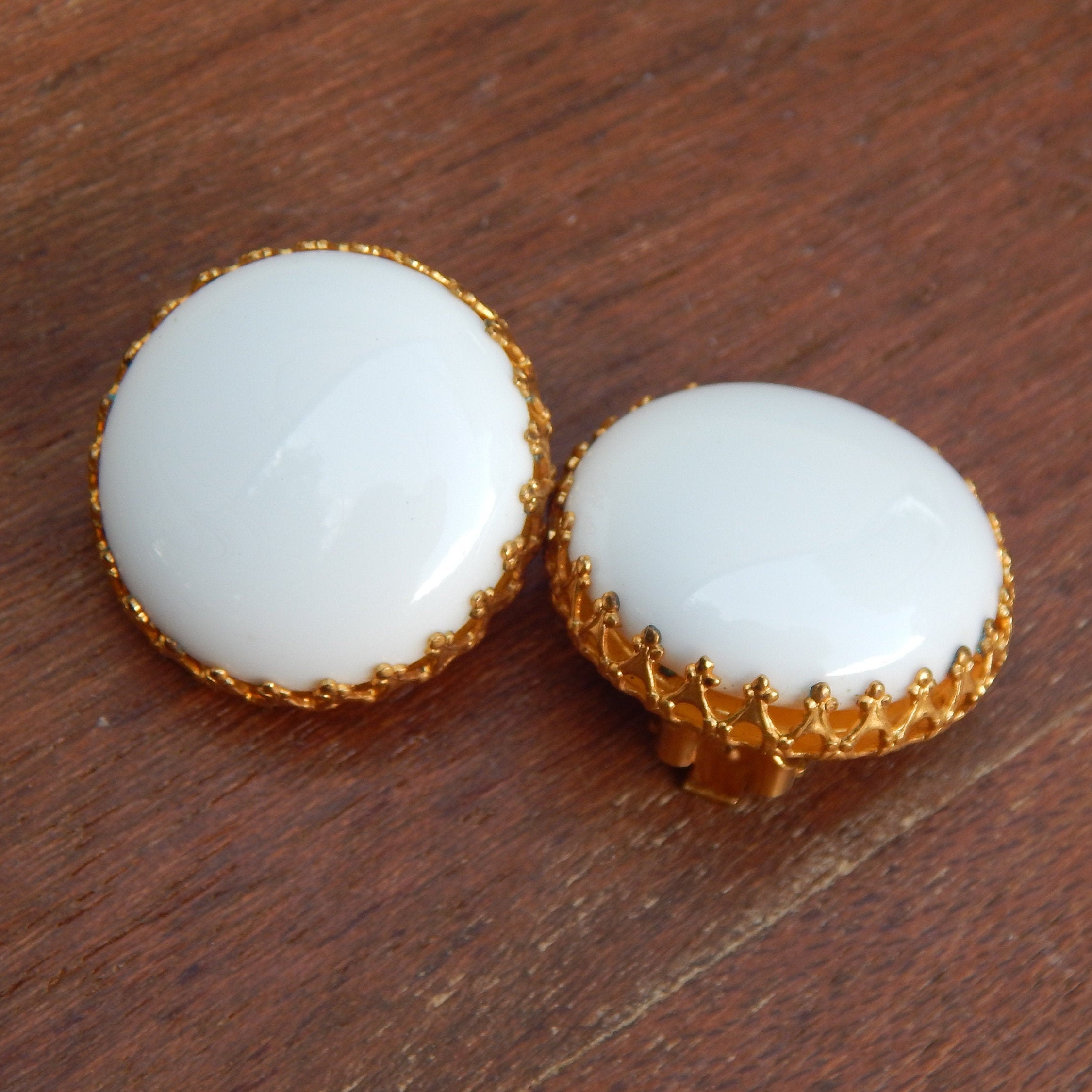Miriam Haskell Clip ons White Glass Earrings Midcentury Collectible and Signed