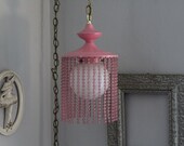 Mod Pink Hanging Lamp with Beaded Fringe, Mid Century Pink Hanging Light with Beads, Pink Chandelier, Boho Swag Light, Retro Pendant Light