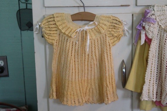 Vintage Yellow Crocheted Baby Dress with White Ri… - image 1
