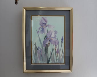 Vintage 80s Deco Revival Purple Iris Print in Gold Brass Style Frame by Marjorie Renfroe, Framed Purple Flower Picture, Postmodern Floral