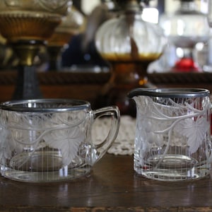Antique Glass Sugar Bowl and Creamer with Silver Overlay Rim, Vintage Etched Glass Sugar Bowl and Creamer, Victorian Creamer and Open Sugar