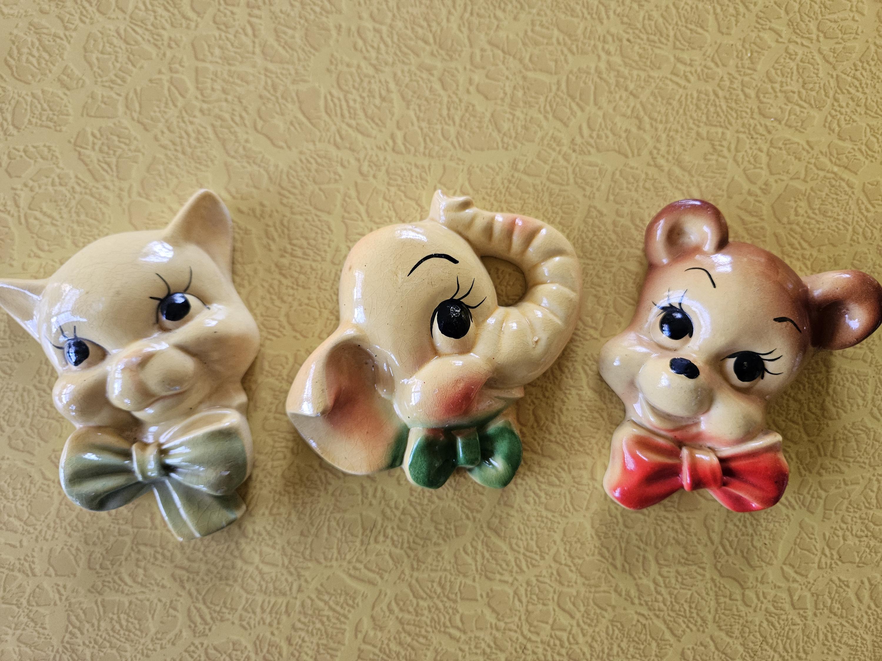Vintage Set of 3 Animal Chalkware Plaques, Chalkware Cat, Elephant and ...