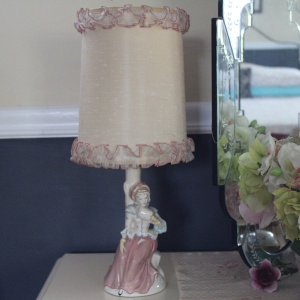 Vintage Pink Boudoir Lamp with Ruffled Drum Shade, 1950s Figural Ceramic Vanity Lamp, Girl's or Lady's Dresser Lamp, Small Bedroom Lamp