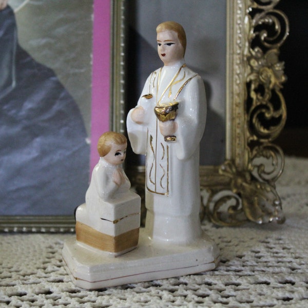 Vintage First Holy Communion Statue, 1960s Small Ceramic 1st Holy Communion Figurine, Boy's Communion, Religious Sacrament, Catholic Art