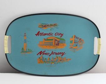 Midcentury Atlantic City New Jersey Tray, Vintage Tilso Turquoise Blue Serving Tray with Laced Handles, NJ Tray, Atlantic City Souvenir
