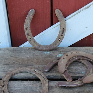 May include: Five rusty horseshoes, one is hanging on a white and red wooden door, the other four are on a wooden surface.