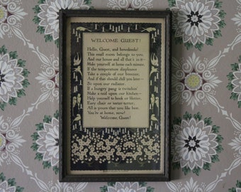 Antique Art Nouveau Guest Room Print, Vintage Framed Guest Room Picture with Poem, Cream and Black Lithograph for Your Guest Room by Volland