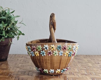 Vintage Montebello Pottery Basket with Colorful Flowers and Handle, Made in Italy, Montebello Hand-painted Ceramic Basket, Basket Planter