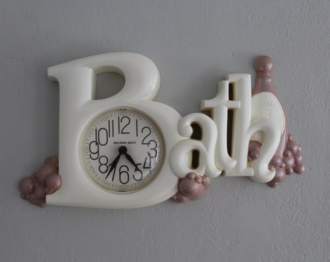 Retro White and Mauve Bath Clock, 1980s Plastic Bath Clock With Pink