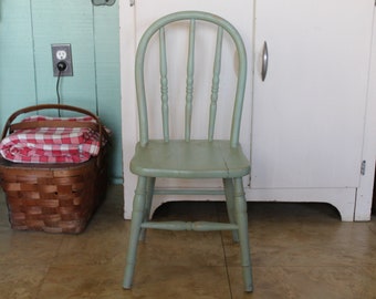 Vintage Small Green Wooden Farmhouse Chair, Child's Green Wood Chair, Kid's Wooden Chair, Children's Windsor Chair for Farm Kitchen or Porch