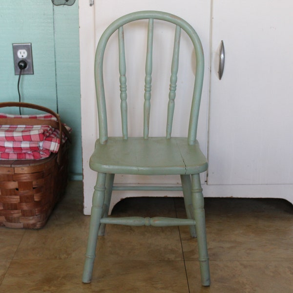 Vintage Small Green Wooden Farmhouse Chair, Child's Green Wood Chair, Kid's Wooden Chair, Children's Windsor Chair for Farm Kitchen or Porch