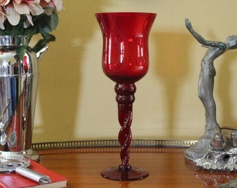 Midcentury 12 3/4" Empoli Tall Red Glass Candleholder with Twisted Stem, Vintage Italian Handblown Ruby Red Optic Candle Holder Goblet Vase