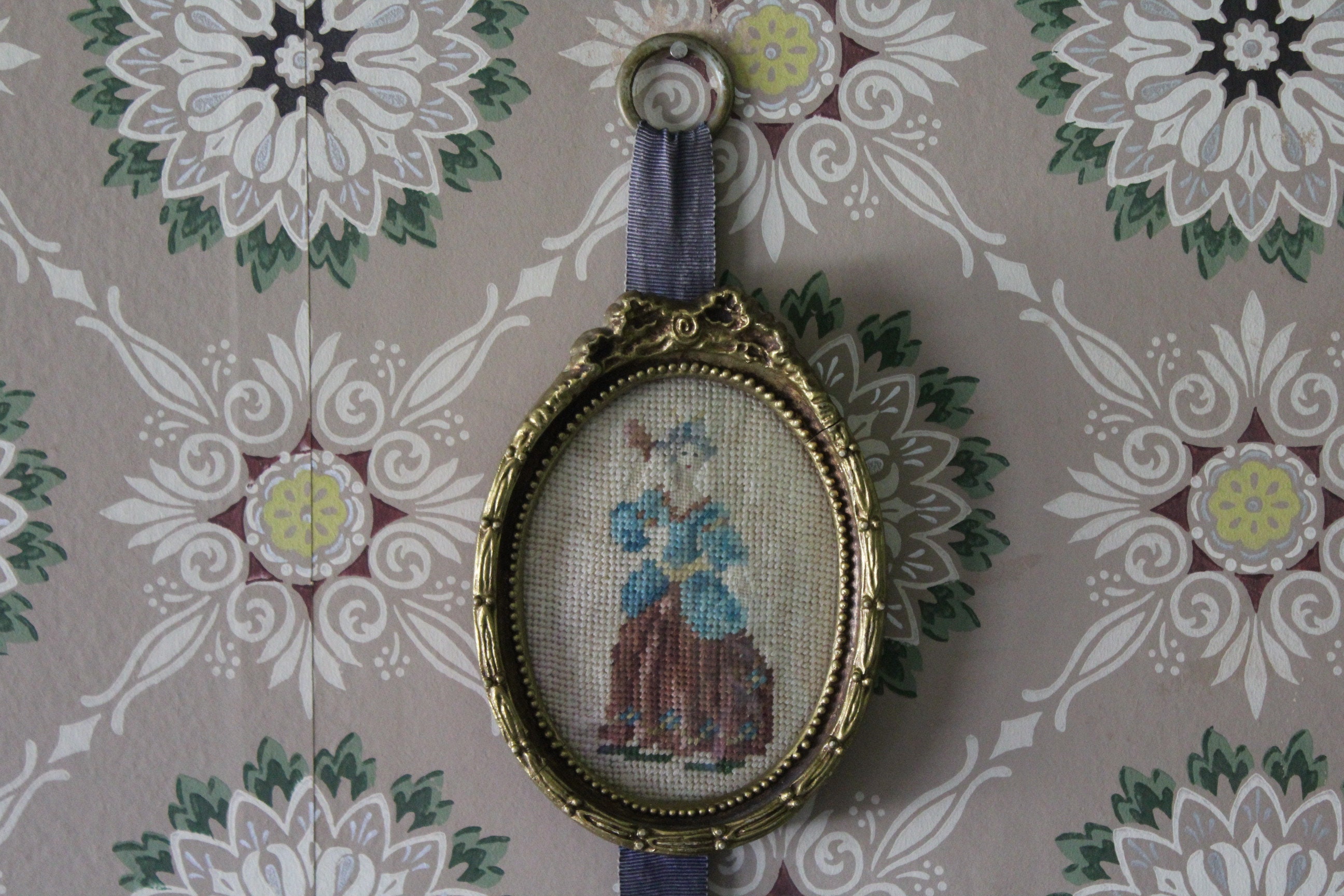 Antique Petit Point Pictures in Gold Oval Frames With Convex Glass on ...