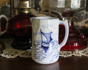 Vintage Delft Cream Pitcher, Flow Blue German Porcelain Milk Pitcher with Sailboat, Nautical Ceramic Creamer with Blue Boat, Made in Germany