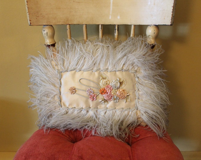 Antique Victorian Ostrich Feather Pillow, 1800s Silk Pillow With