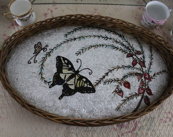 Antique Wicker Tray with Reverse Painted Butterflies and Pink Flowers on Foil, Vintage Wicker Vanity Tray, Victorian Style Oval Dresser Tray