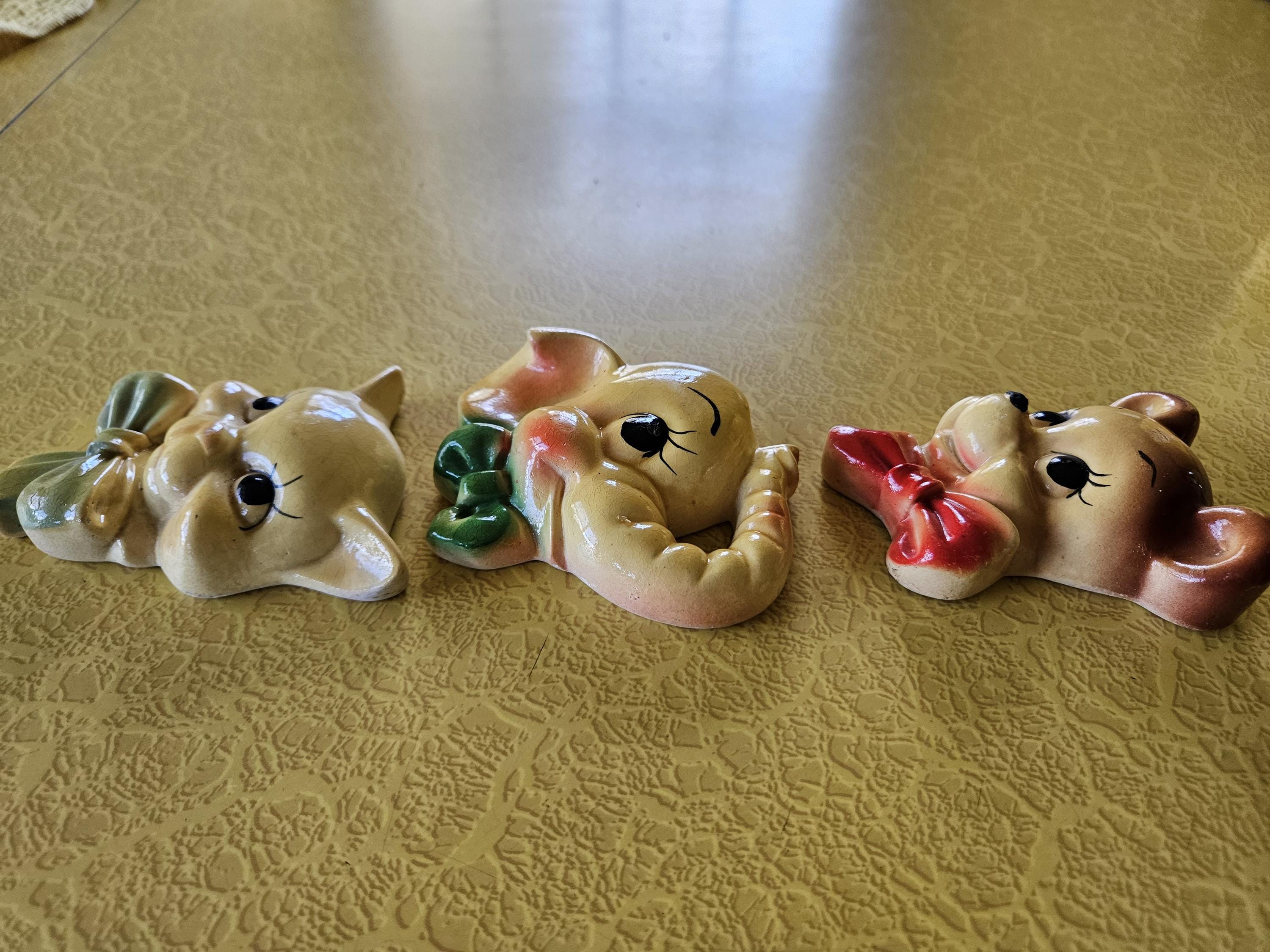 Vintage Set of 3 Animal Chalkware Plaques, Chalkware Cat, Elephant and ...