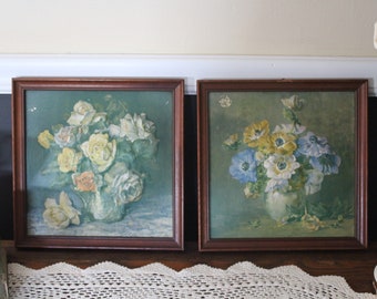 Vintage Pair of 10 5/8" Puffy Pictures, Floral Puffy Pictures in Wood Frames, 1940s Third Dimension Pictures, 3D Rose Print, 3D Poppy Print