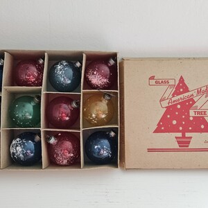 Antique Unsilvered North American Glass Christmas Tree Ornaments, 12 Vintage Clear Colorful Christmas Balls with Snow, 1940s WWII Xmas Balls