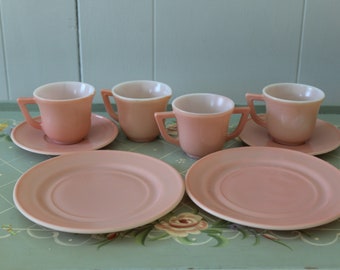 Vintage Pink Platonite Child's Dish Set, Hazel Atlas Platonite Little Hostess New Century Kids Dishes, Plates, Cups, Saucers, Creamer, Sugar