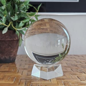 Vintage Crystal Ball on Attached Glass Stand, 95.25 MM Clear Crystal Ball, Fortune Teller Crystal Ball, Scrying Globe, Gazing Sphere
