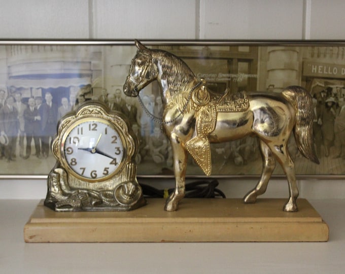 Vintage Large Gold Horse Clock, Rockabilly Clock, 1950s Western Mantle
