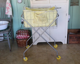 Vintage Rolling Laundry Cart with Yellow Liner & Yellow Wheels, Metal Laundry Cart, 1950s Rolling Wire Laundry Basket, Vintage Laundry Room