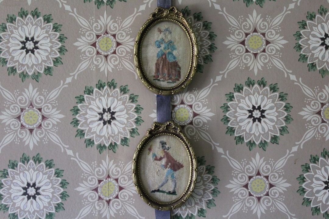 Antique Petit Point Pictures in Gold Oval Frames With Convex Glass on ...