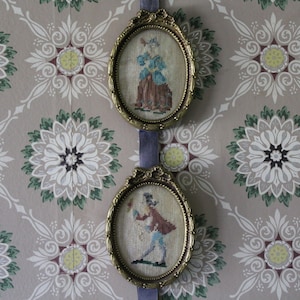 Antique Petit Point Pictures in Gold Oval Frames with Convex Glass on Ribbon Hanger, Victorian Needlepoint Oval Pictures, Vintage Needlework