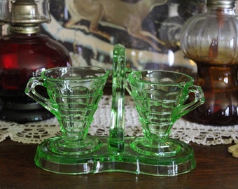 Antique Indiana Glass Tea Room Set w/ Caddy, Vintage Uranium Glass Sugar and Creamer, Art Deco Green Depression Glass Sugar & Creamer, Mint