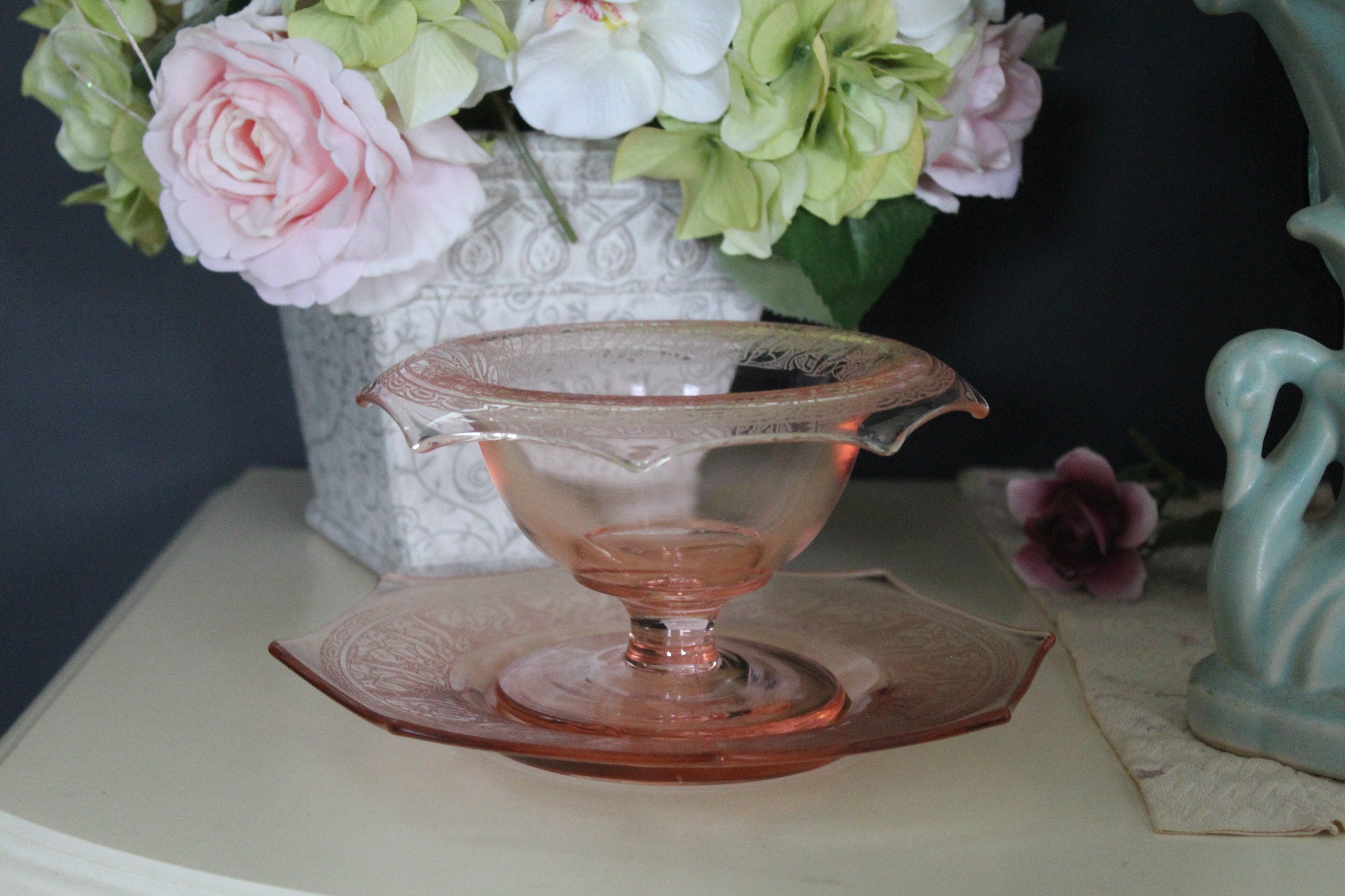 Vintage Pink Depression Glass Compote and Underplate, Pink Glass