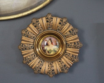 Vintage Cameo Creation Portrait in Ornate Gold Syroco Style Frame, 8 5/8" Round Cameo Creation Portrait of Redhead, Round Victorian Print