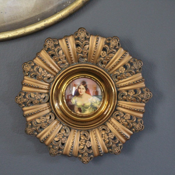 Vintage Cameo Creation Portrait in Ornate Gold Syroco Style Frame, 8 5/8" Round Cameo Creation Portrait of Redhead, Round Victorian Print