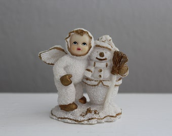 Vintage K's Collection Snow Baby and Snowman Figurine, 2 1/4" Snow Angel Hugging Snowman Friend, Christmas Snowbaby with Gold Trim