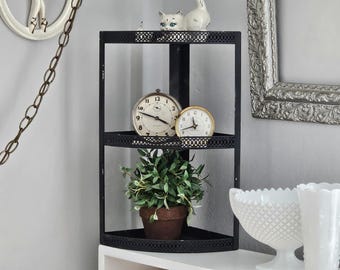 Midcentury Black Metal Corner Shelf with Pierced Edges, 1960s Boho Middle Eastern Style Corner Shelf, Vintage 3 Tier Black Shelf w/ Mesh Rim
