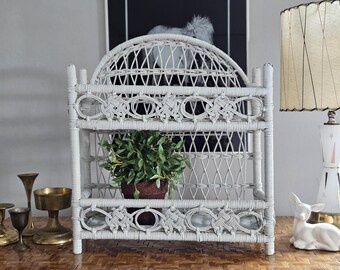 Vintage White Wicker Shelf, 2 Tier Wicker Bathroom Shelf, Hanging Wicker Shelf, Nursery, Coastal Wall Shelf, Wicker and Rattan Open Cabinet