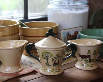 Vintage Poppytrail Homestead Provincial Sugar Bowl and Creamers, Metlox Sugar Bowl and 2 Creamers, Farm Kitchen Cow Sugar Bowl and Creamers