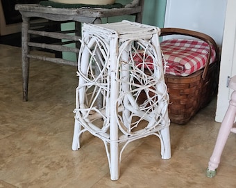 Antique White Twig Table, Vintage Small Rustic Table Made Out of Branches Painted White, Shabby Cottage Plant Stand, Adirondack Porch Table