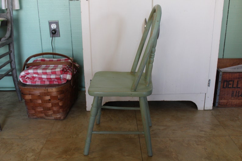 Vintage Small Green Wooden Farmhouse Chair, Child's Green Wood Chair, Kid's Wooden Chair, Children's Windsor Chair for Farm Kitchen or Porch image 3