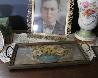 Antique Vanity Tray w/ Image of Flower Vase on Faux Lace Background in Wood Frame Under Glass & Handles, Vintage Dresser Tray, Perfume Tray