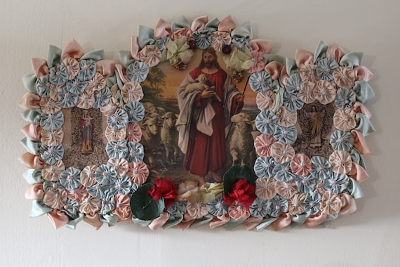 Vintage Shrine Picture of Jesus Mary and Lambs, Handmade Catholic Art, Religious Wall Hanging, Mourning Picture, Christian Prayer Card