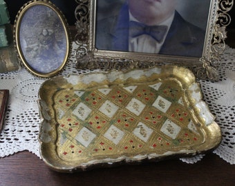 Vintage Gold Florentine Tray with Diamonds, Small Italian Florentine Gold Gilt Rectangle Wooden Tray, Florentine Gold Tray Made in Italy