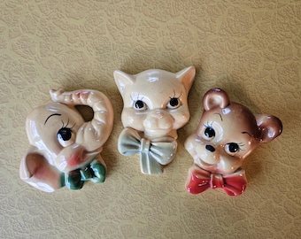 Vintage Set of 3 Animal Chalkware Plaques, Chalkware Cat, Elephant and Teddy Bear, Chalkware Animals, 1940s Nursery Wall Hangings