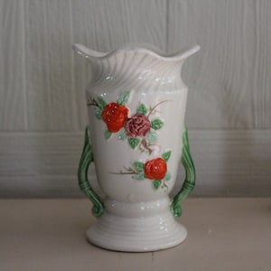 Vintage White Vase w/ Raised Orange and Purple Flowers & Green Handles, Ceramic Candy Color Vase, 1940s Floral Japanese Vase, Made in Japan