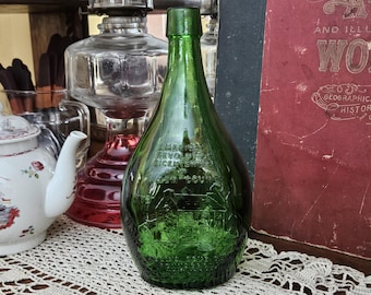 Vintage Green Maul Bros Gayner Glass Bottle, Bicentennial Flat Sided Bottle w/ Embossed Ship and Tavern, American Revolution of Salem County