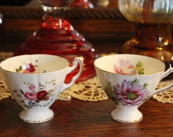 Vintage Pair of Adderley Teacups, English Bone China Teacups, Adderley Floral Teacups, Delicate Footed Tea Cups with Pink and Purple Flowers