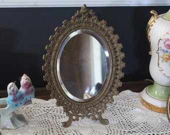 Antique Shamrock Mirror with Original Beveled Glass, Victorian Gold Gilt Cast Iron Oval Vanity Mirror, 1800s Celtic Gold Ornate Easel Mirror