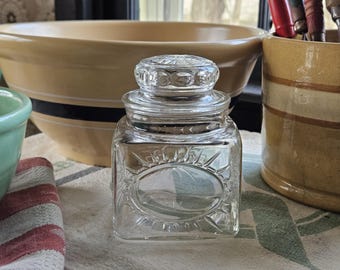 Vintage Thatcher Glass Apothecary Jar with Oval Label Space and Sunburst, Small Square Clear Glass Jar with Flat Sides, Candy Store Jar