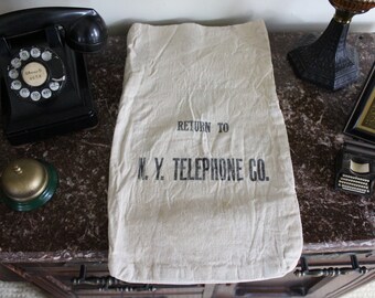 Vintage NY Telephone Canvas Sack, New York Telephone Co. Canvas Bag, White Sack with Black Letters, Lineman Bag, Office Prop, Farmhouse Sack