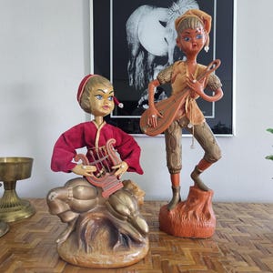 Midcentury Pixie Figurine, 1960s Pixie Playing a Harp or Pixie Playing a Mandolin, Vintage Pixie Statues, Wood Grain Plastic Elf, Choose One